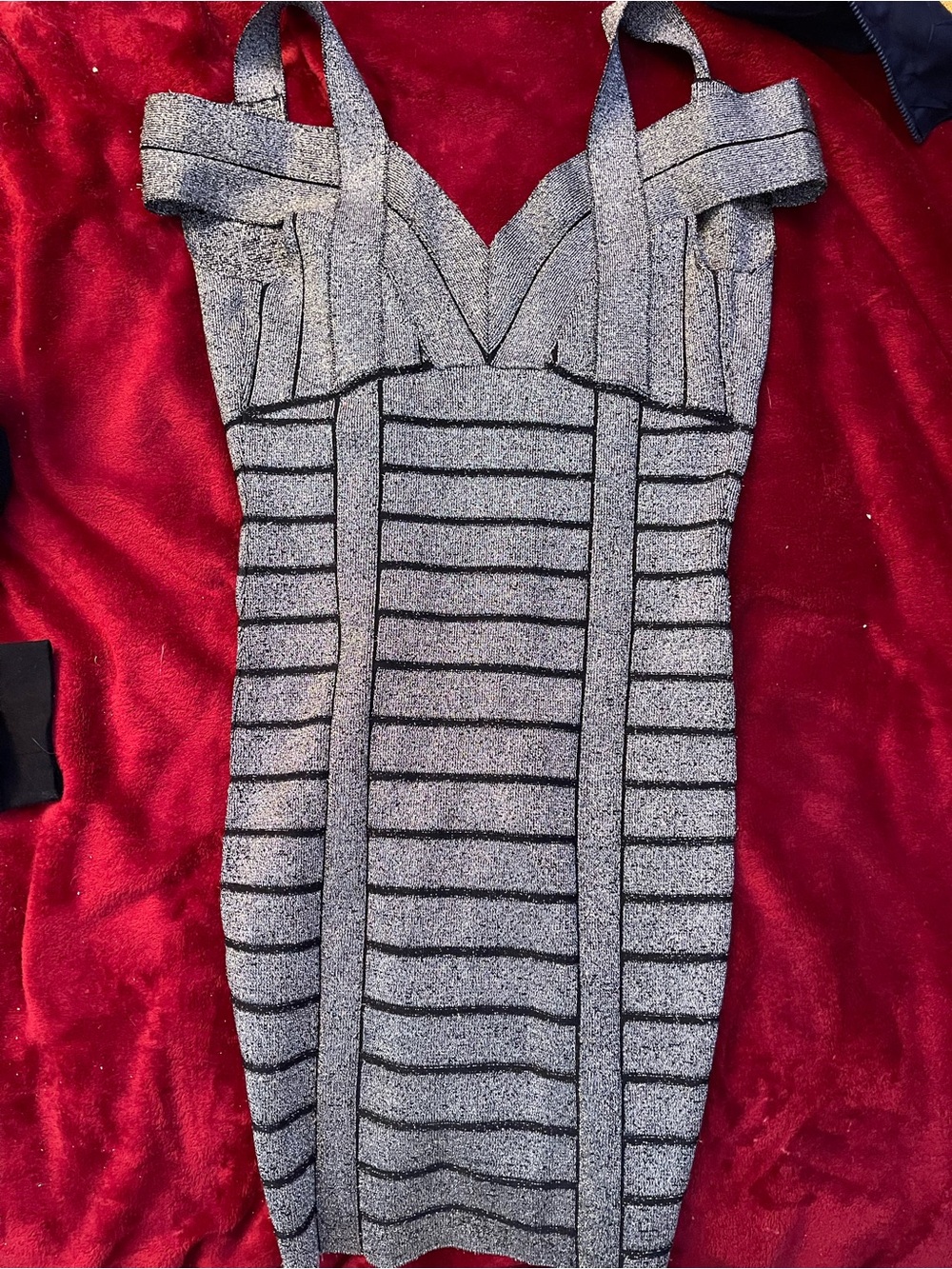 Guess Silver & Black Striped Bodycon bandage Dress - Sleek V-Neck Design